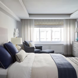 Upper East Side Master Bedroom with gray and navy tone on tone