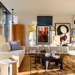 Mies : Gallery Wall, Art, Tribal Rug, Mid Century Sofa, Mid Century Chair, Noguchi Lamp,