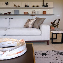 Chic in Scottsdale / A collection of interesting mid century objects adorn the minimalist shelves of this room complete with an ink blotch rug a la Jackson Pollock.