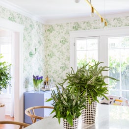 Eclectic Dining Room with Minimalist Brass Ceiling Fixture