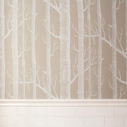 Cole & Sons woods wallpaper w/white subway tile- by Sophia Shibles