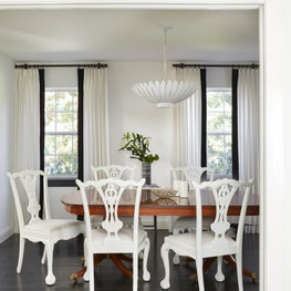 Hamptons Dining Room with vintage chippendale chairs and black and white drapery