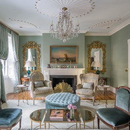 Beacon Hill Living Room with Silk Wallpaper and Louis XVI GIlt Mirrors