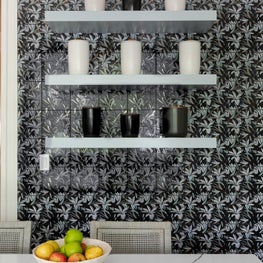Kitchen Detail Shot with Floral Tile and Custom Shelves