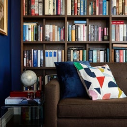 Library with dark brown sofa and colorful accents
