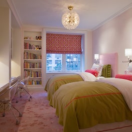 Girls bedroom in NYC apartment, greens and pinks, glass flower chandelier