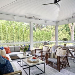 Screened-in Porch, Restoration Hardware Dining Table, Teak Hardware Dining Chairs, Jayson Home Barcart, Restoration Hardware Sofa, Serena and Lily Armchairs, Dash and Albert Rug - Coastal-Inspired Chicago Project