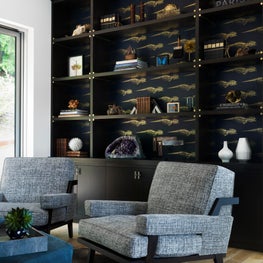 Sausalito Residence - An unexpected wallpaper backs a bookcase