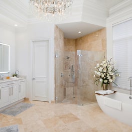 Expansive Decadent Waterfront, marble master bath, free standing bathtub, marble shower, double vanity, chandelier