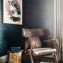 17th Street Residence, Master Bedroom with dark textured wallpaper, sitting area