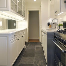Contemporary White Galley Kitchen with Custom Cabinetry