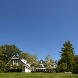 Short Hills Shingle Style Residence Black and White Front Facade with Gable Roof