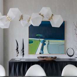 Sausalito Residence - Geometric chandelier floats above the dining space