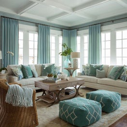 Transitional coastal blue living room with coffered ceiling