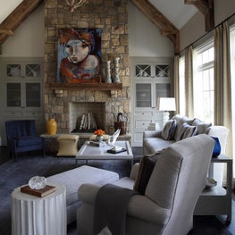 Buckhead Residence Keeping Room with stone fireplace and timber beams