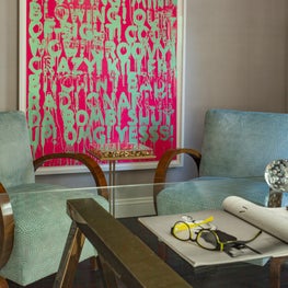 Feminine Chestnut Hill Office with Art Deco Armchairs and Mel Bochner Art