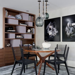 NYC Show House Game Room, calf hide rug, hanging pendant lights