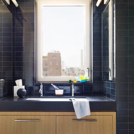 Portfolio: Carnegie Hill Apartment Modern Bathroom Vanity Blue Tile & Wood Window over Sink