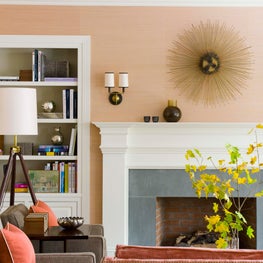 Coral and Taupe Great Room with Fireplace and Built-in Bookshelves