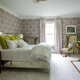 Historic Chestnut Hill Master Bedroom with Fireplace and Wallpaper