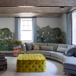 Short Hills Shingle Style Residence, Modern Lounge Space with Leafy Wallpaper