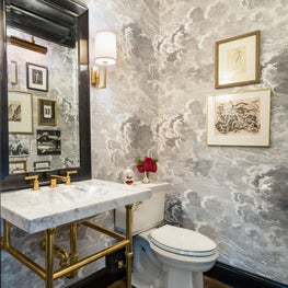 Powder Room with Wallpaper, Brass Washstand and Black Painted Trim