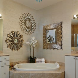 Palm Beach Glamour Bathroom, marble, custom mirrors, frames, blue chandelier