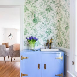 Lacquered Bar Cabinet and Vibrant Green Wallcovering in Colorful California Home