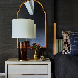 Master Bedroom Bedside Table with Grasscloth Wallpaper