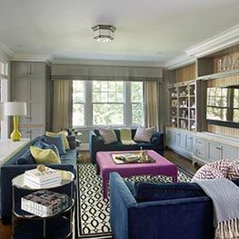 Historic Chestnut Hill Family Room with Three Velvet Sofas and Built-In Media