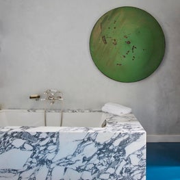 Portfolio: Central Park Apartment, Bathroom with Marble Bath, Plaster Walls & Blue Floor