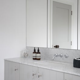 Family bathroom with tongue and groove vanity with buster and punch handles 