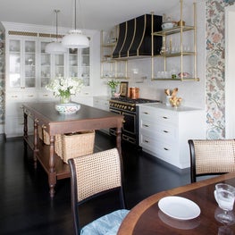 Traditional farmhouse kitchen with modern updates, floral wallpaper