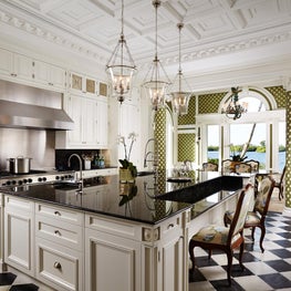 Antique marble flooring and classical cabinets.  Plaster coffered ceiling