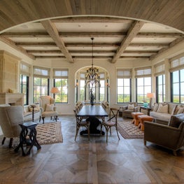 Oceanfront Keeping Room with Elliptical Arch and Reclaimed Beams
