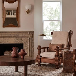 Neutral Living Room with Burl Wood Table and Vintage Bergère Chair