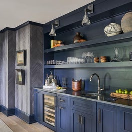 Bar, Phillip Jeffries Against the Grain Midnight Marquetry Wall Covering, Waterworks Sink, Troy Lighting, Blue Cabinets, Hale Navy Paint – Pine Lake Project