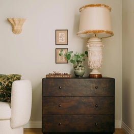 Burl Wood Commode and Hand-Carved Vintage Alabaster Lamp