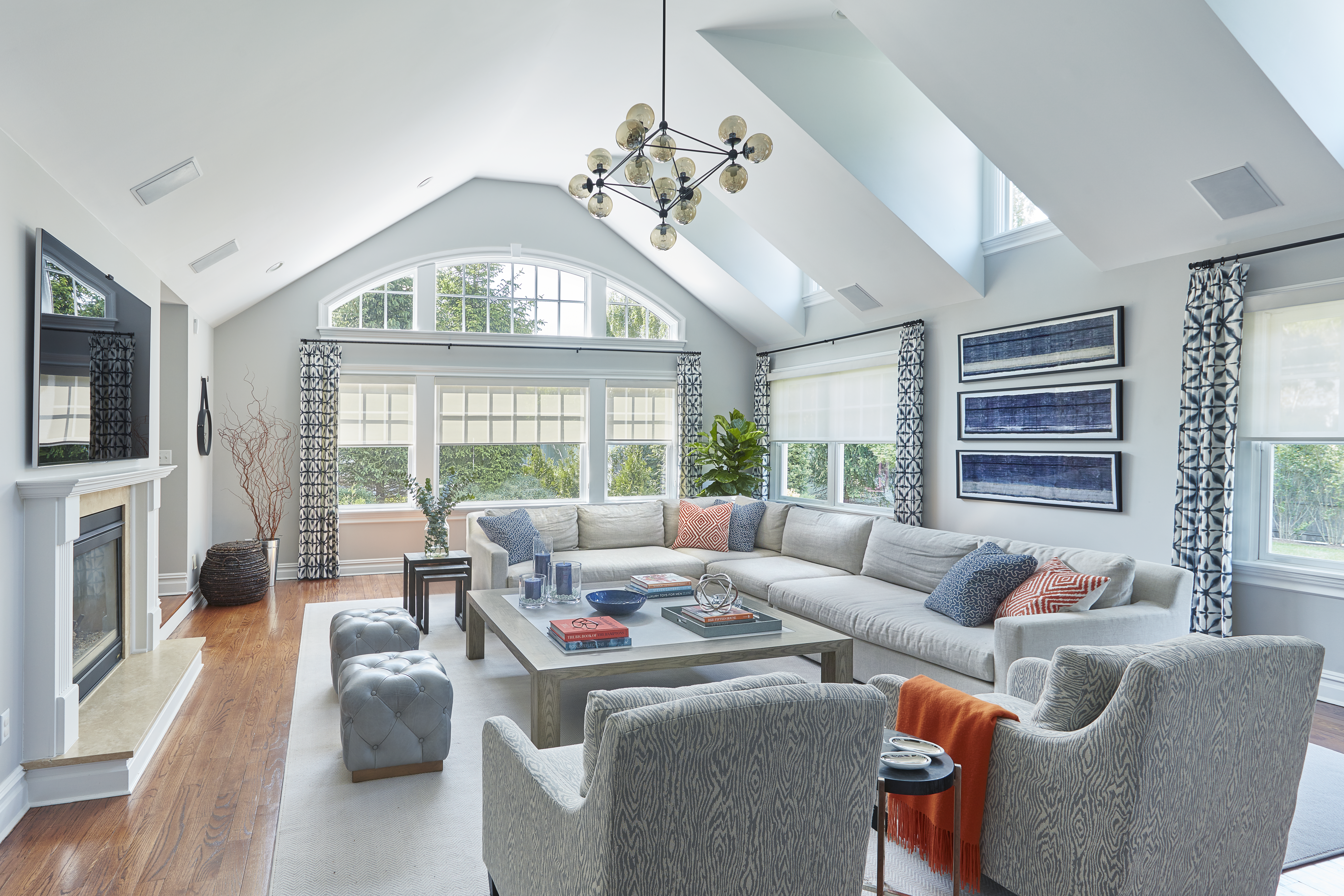 Bright New Jersey living room with vaulted ceilings and sky light