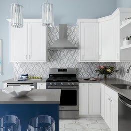 Chicago Modern Kitchen with marble tile, white and blue custom cabinets 