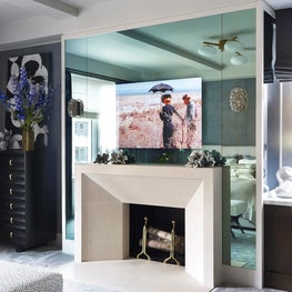 Portfolio: Carnegie Hill Apartment, Modern Fireplace Mirror Marble Modern Art Cool Palette