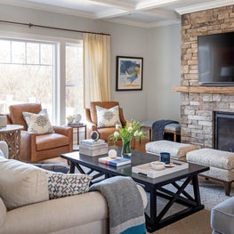 Neutral family room with modern Bohemian flair