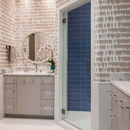 Portfolio: Guest Bath Featuring Wallpaper and Blue Tile