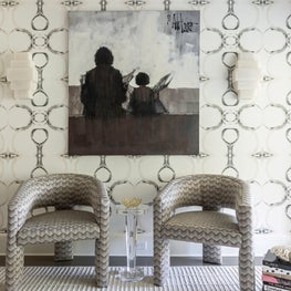 Portfolio: An upstairs landing with Lindsay Cowles wall covering and art.