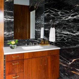 Lake Austin Remodel, Master bath with Black & Gold Zebrino Marble clad walls
