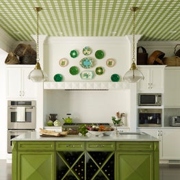 Purchase green kitchen with gingham wallpapered ceiling and island wine storage