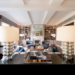 Upper West Side, Living Room w/ antique mirror over fireplace & custom millwork