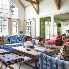 Vaulted ceiling living room with pops of color