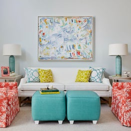 Fun patterns and pops of color in this casual, chic family room
