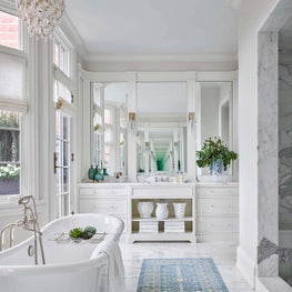 White Bathroom, White Studio 41 Bathtub, Marble Tile, Walk-in Shower, TM Supply Flooring, Circa Lighting Chandelier, Waterworks Sconces - Lincoln Park Greystone Project